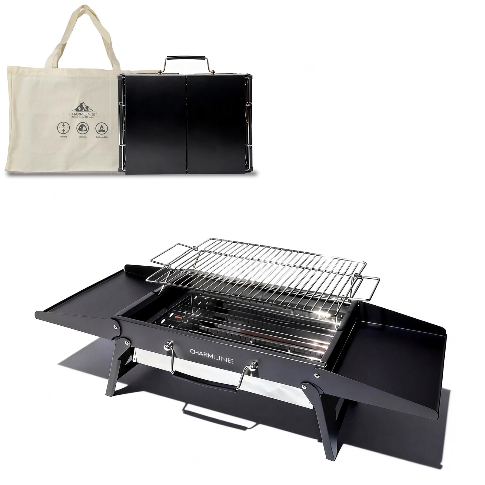 Charmline 39x27cm Griglia a Carbone Portatile Pieghevole, Barbecue Carbonella PortatileCompatta per Uso Esterno, Griglia BBQ per Campeggio, Picnic, Giardini e Feste in Spiaggia, Nero