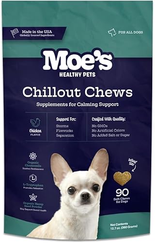 Moe's - Masticables calmantes de cáñamo para perros, ayuda con tormentas, fuegos artificiales, masticación, ladridos, viajes, estrés, ansiedad y