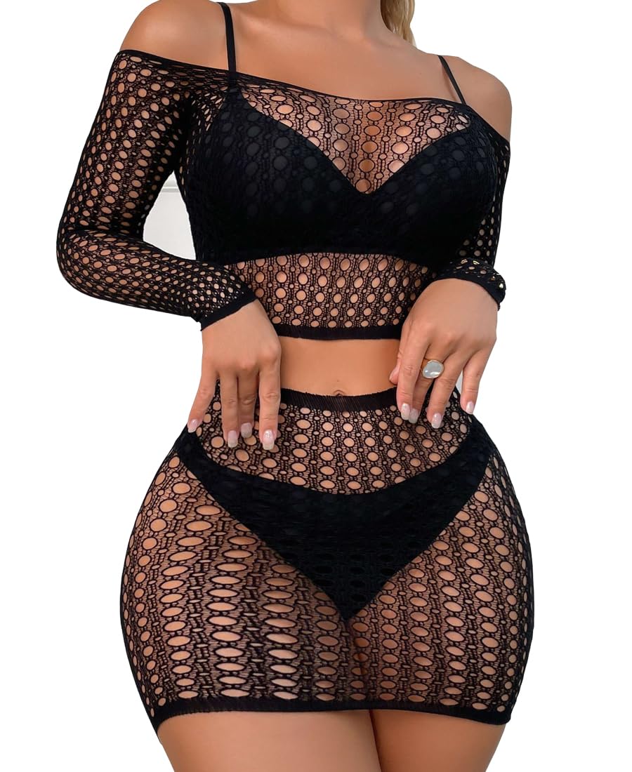Womens Lingerie Set Fishnet Top and Panty Two Piece Babydoll Cover up