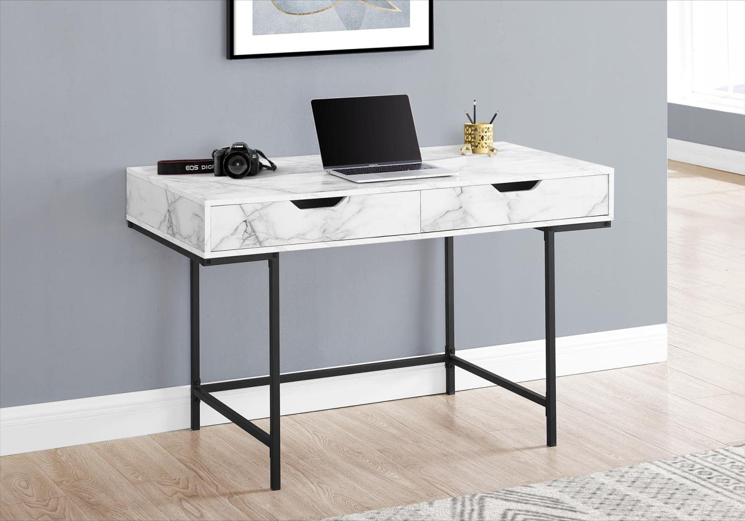 Monarch Specialties 7558 Computer Desk, Home Office, Laptop, Storage Drawers, 48" L, Work, Metal, Laminate, White Marble Look, Black, Contemporary, Modern Desk-48, 47.25" L x 23.75" W x 30" H