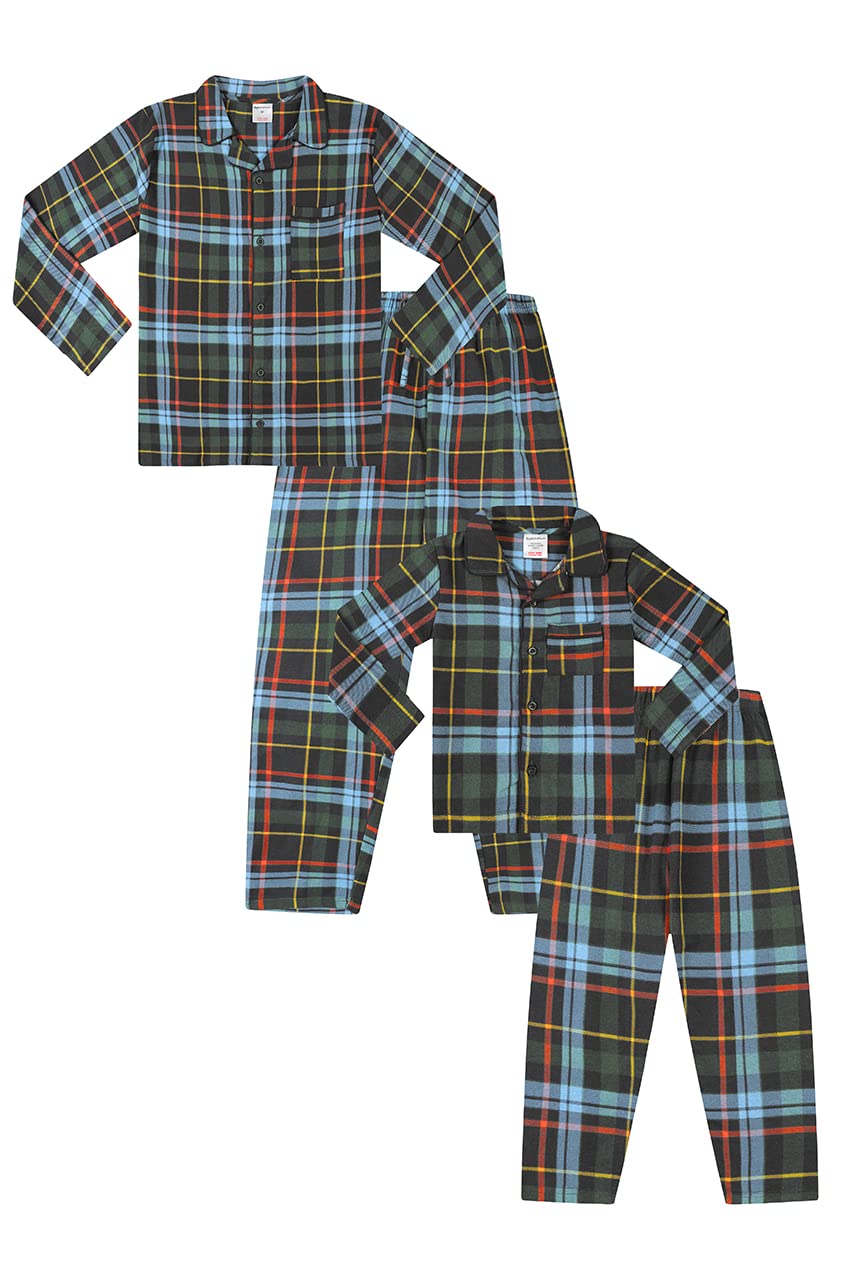 Mens and Boys Matching Brushed Cotton Blue Checked Long Pyjama Set