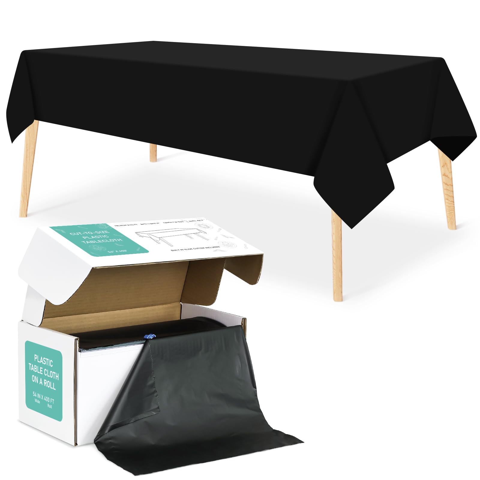 LANLISA Rouleau de nappe jetable en plastique noir de 137,2 cm x 122,4 m avec boîte de découpe, nappe jetable pour fêtes, pique-niques, banquets, mariages, anniversaires, décorations d'anniversaire