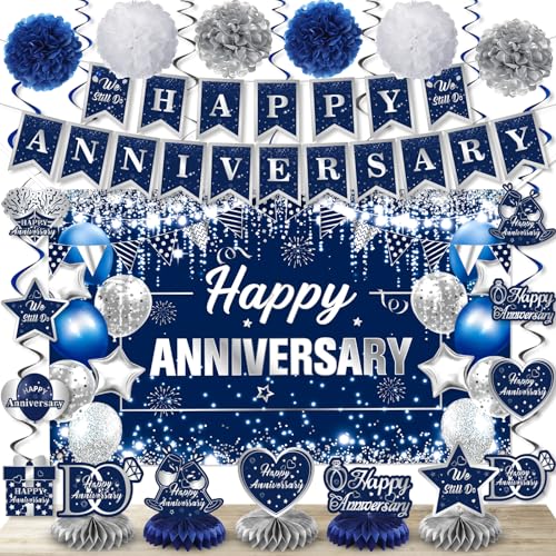 Happy Anniversary Decorations Kit Blue Silver Happy Anniversary Banner Honeycomb