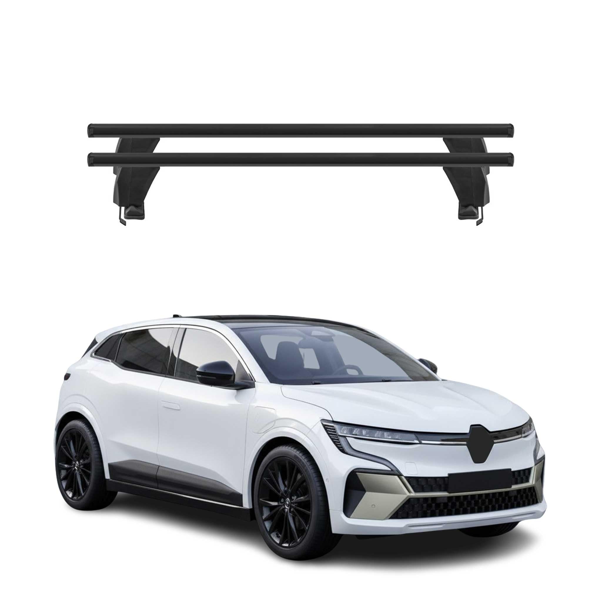 OMAC Poprzeczki aluminiowe do Renault Megane E-Tech 2022-2026 – Zamykane – Rowek T – City Crash Tested – Nośność 50 kg Czarny