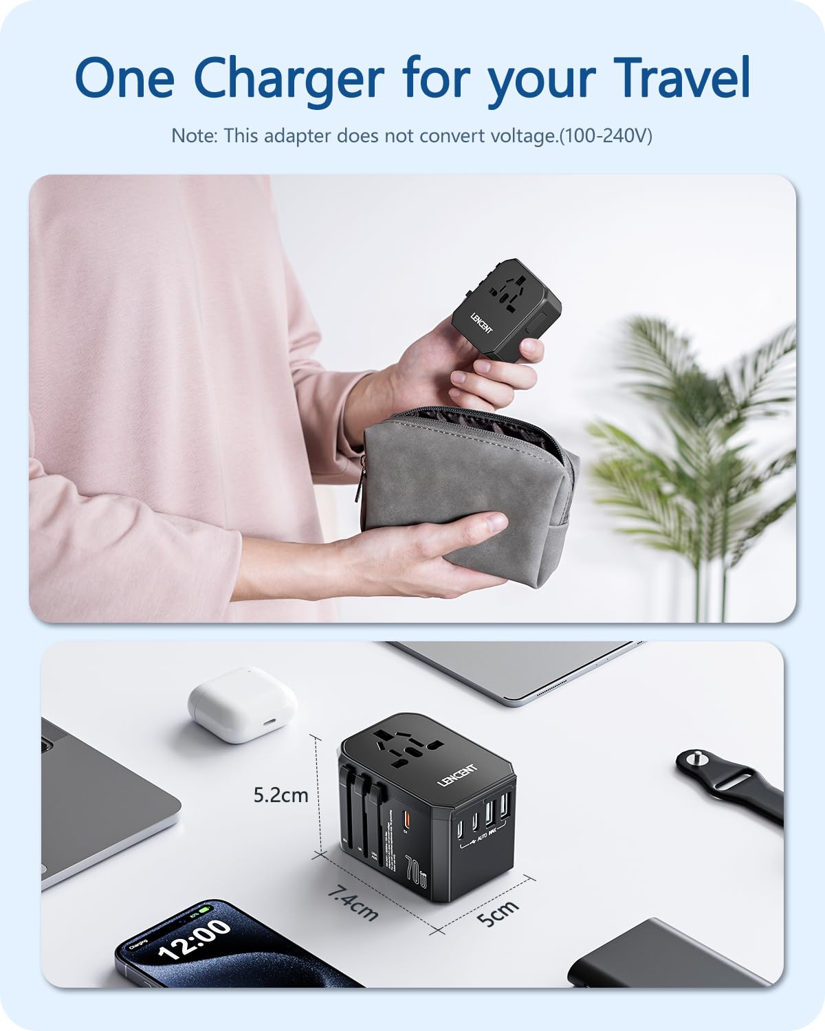 LENCENT 70W GaN Adattatore da Viaggio Spina Universale Elettrico