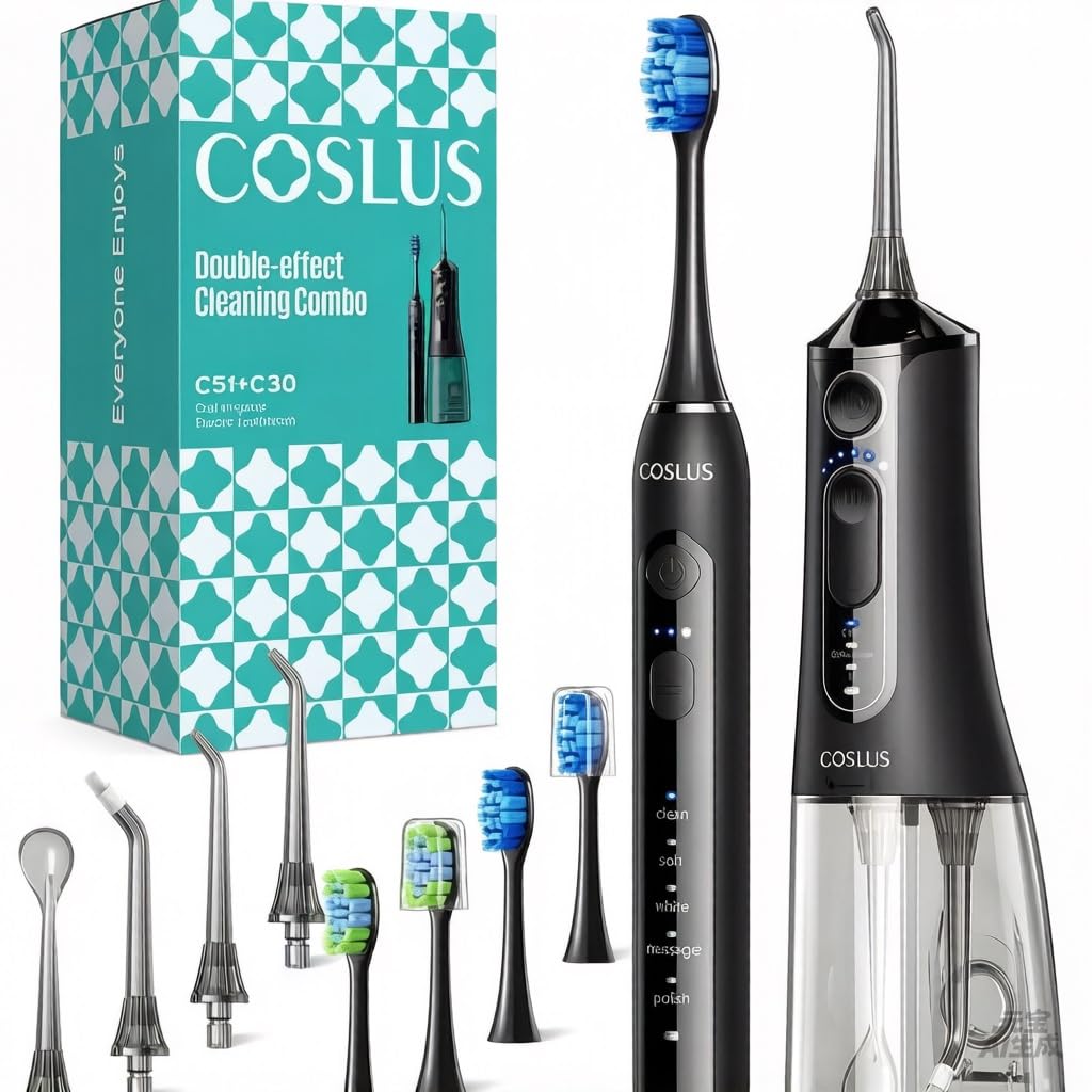 COSLUS C51C30 Cepillo de Dientes Eléctricoo con Irrigador Dental: Kit Limpieza Bucal Portátil para Cepillado y Hilo Dental, Varios Modos para Usuarios, Inalámbrico para Casa y Viajes, Negro y Azul.