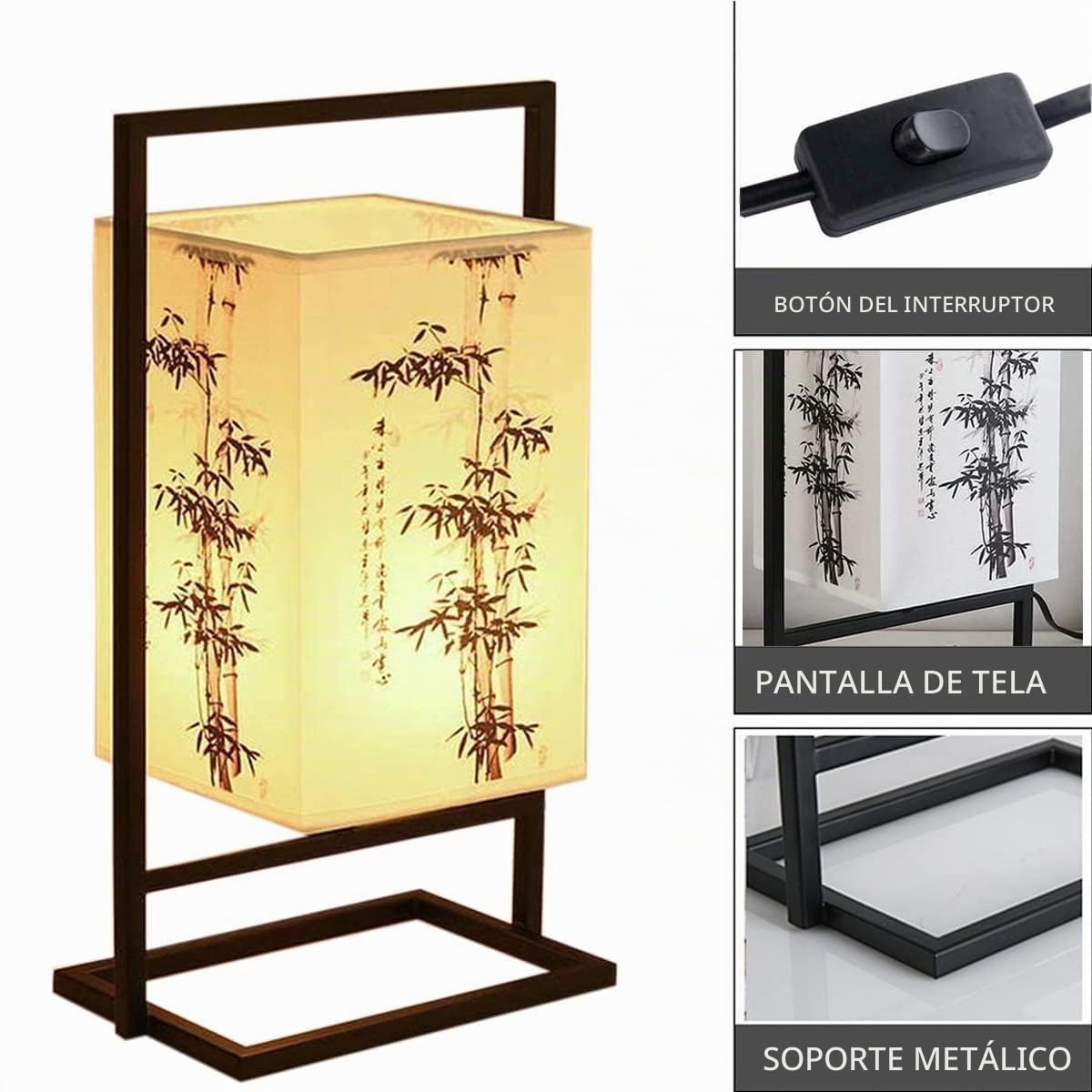 lámpara de noche dormitorio japonés, lámpara de escritorio Industrial marco Metal negro, lámpara de mesa con pantalla de tela cuadrada para dormitorio (interruptor de botón, bambú)