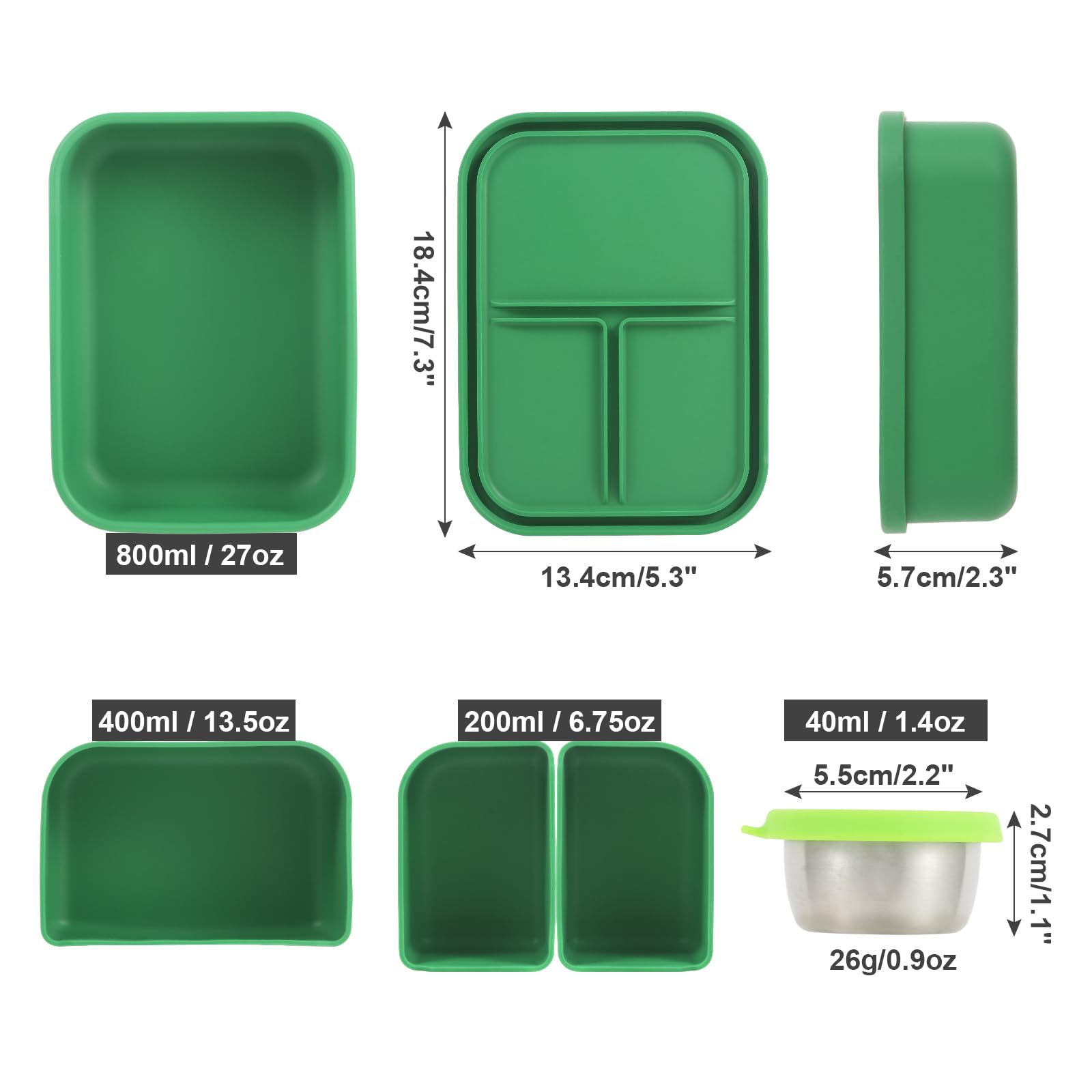 LayaVilla Silicone Bento Lunch Box, 27oz?800ml Green Bento Box with 3 Removerable Compartments for Adults, Leak-Proof with a Dressing Container,Microwave, Dishwasher safe (Green)