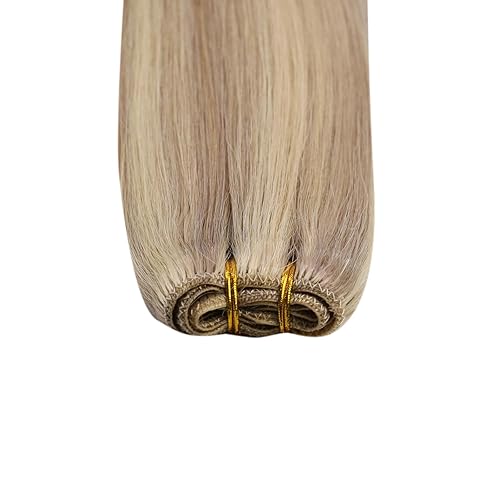 Miniatura 8 de Ugeat Extensiones de cabello humano real de 22 pulgadas para coser, para mujer, rubio ceniza oscuro, reflejos rubio dorado, invisibles, doble trama,