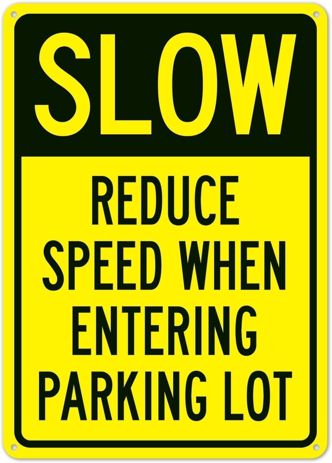 (2-Pack) Metal Tin Sign Slow Reduce Speed When Entering Parking Lot Traffic Sign 8x12 Inch for Garage Commercial Property Residential Zone Public Area Outdoor Indoor Entry Reminder Guide Marker Notice
