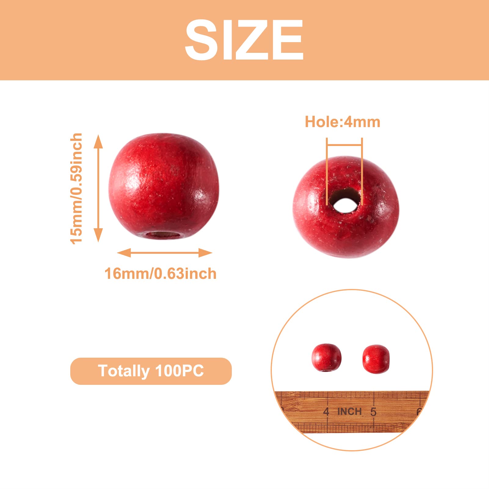 Craftdady 100Pcs Large Hole Round Wood Beads 16mm Red Natural