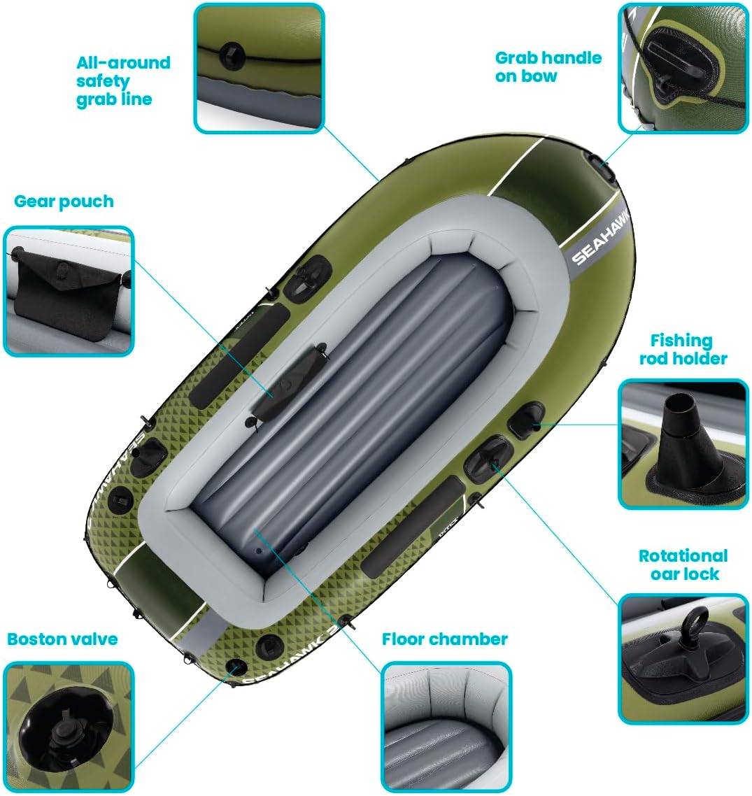 INTEX Seahawk Inflatable Boat Series: Includes Boat Oars and High-Output Pump - Fishing Rod Holders - Gear Pouch