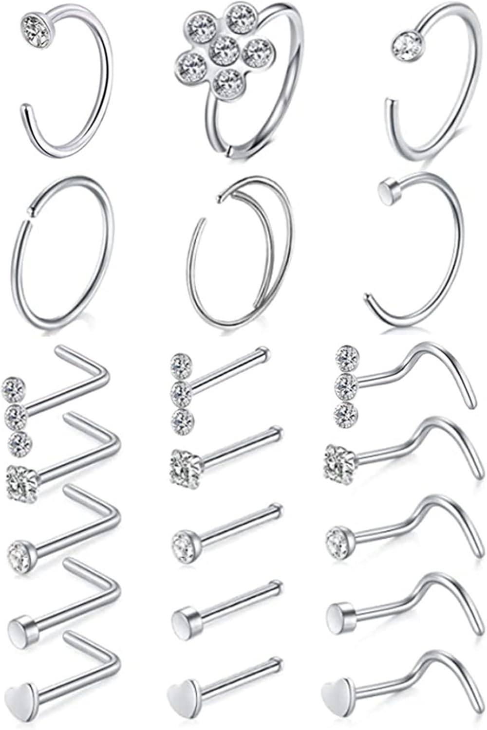 27Pcs Womens Nose Ring, 20G Nose Ring Stainless Steel Flower Heart Studs and Hoop Cubic Zirconia Nose Stud Nose Rings Piercing Jewelry