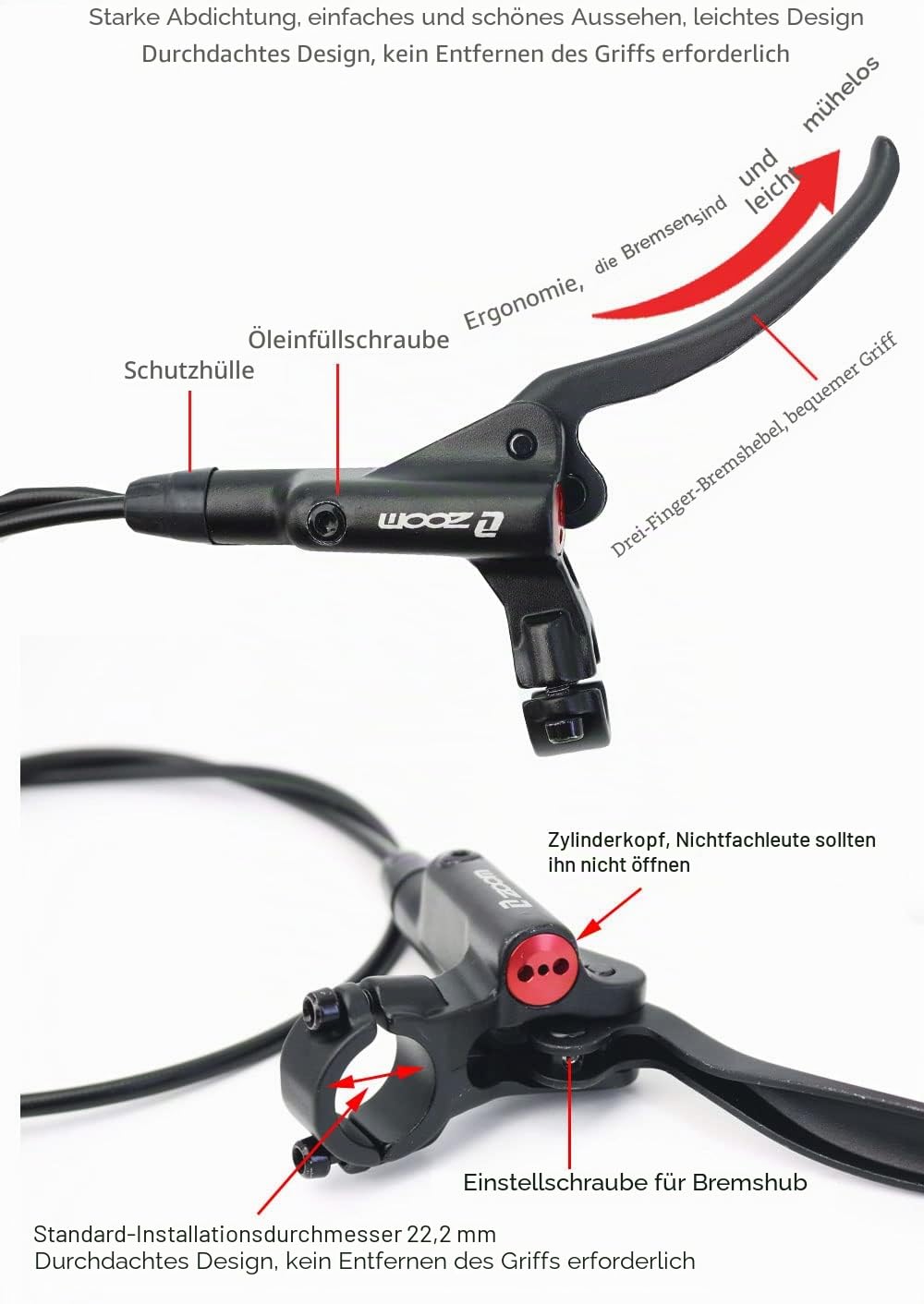 JKY Zoom HB-876 Hydraulische Scheibenbremse für Mountainbike, 4 Kolben, vorne, 800 mm und hinten, 1400 mm, mit 160 mm Rotoren
