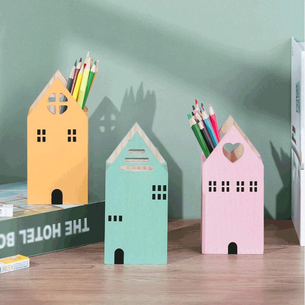 Portapenne Portapenne da scrivania in Legno, Piccola Scatola portamatite a Forma di casa, graziose Decorazioni per Il Desktop, Famiglia di Grande capacità (Giallo)