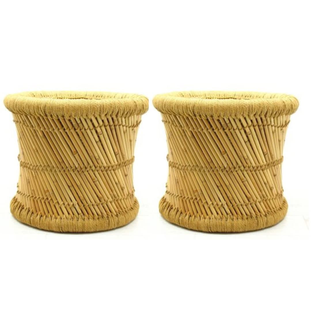 Handmakers ! Natural Bamboo (SARKANDA) Mudda Stool with Beige (13 X 17) Set of 2