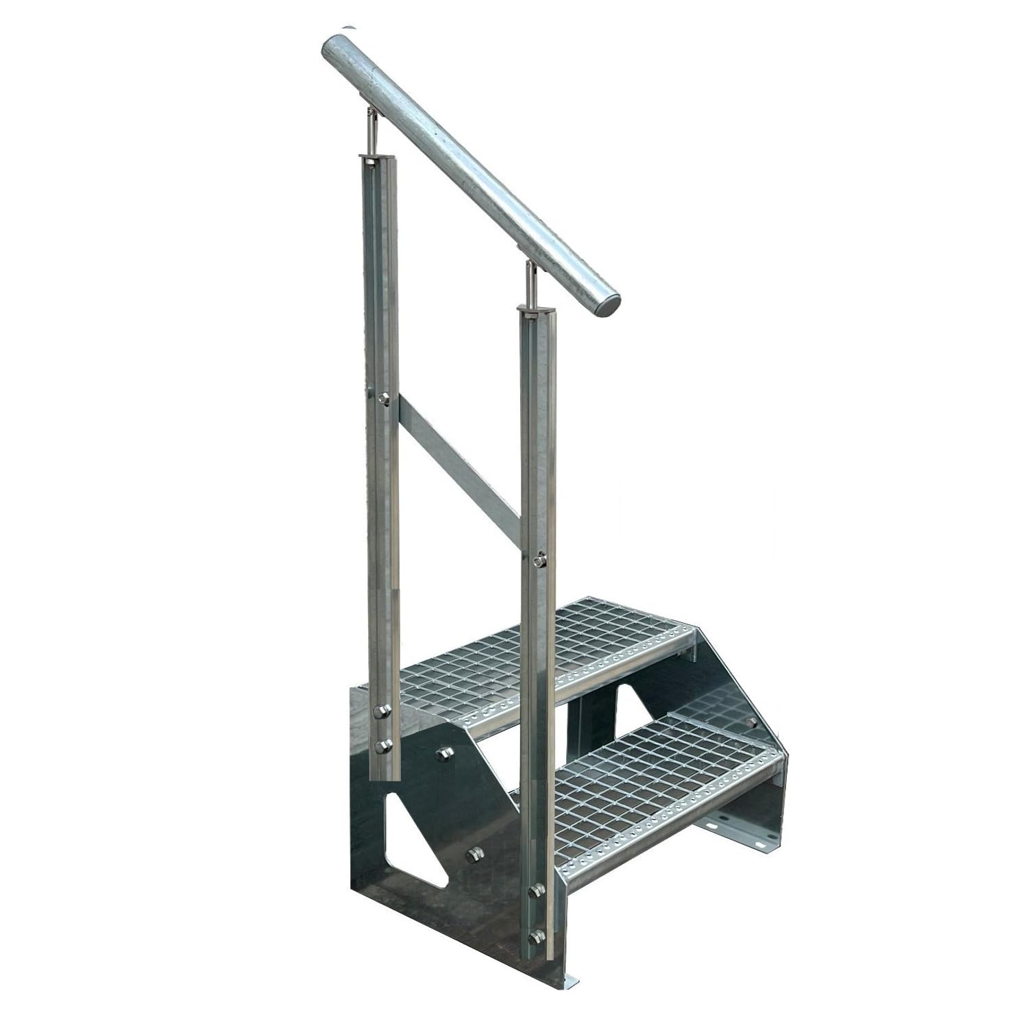 Premium Treppe Freistehend 2 Stufen Geländer Links (Breite 1200 mm) (Höhe 38cm) Wetterfest Gitterroststufe Gartentreppe