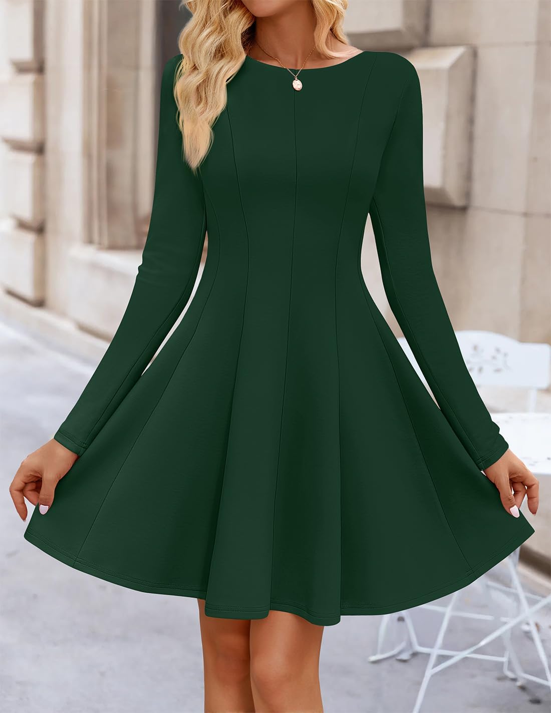 ZESICA Womens Long Sleeve Mini Dress 2026 Fall Crewneck Pleated Babydoll A Line Flowy Wedding Party Short Dresses - Image 2