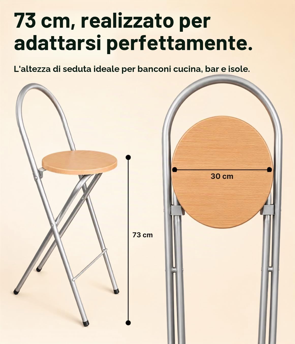 KMH® Sgabello Bill Set 1, pieghevole, schienale & pedana – Argento/Faggio | Altezza seduta 73 cm, montato, pieghevole salvaspazio, telaio in acciaio e seduta MDF decoro faggio – cucina, bar, eventi