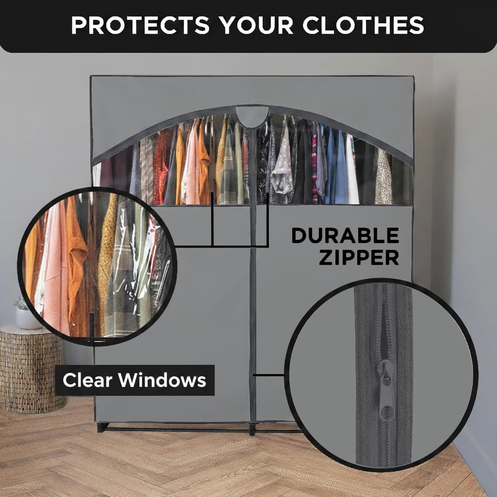 HOLDN’ STORAGE Portable Wardrobe Closet - 65 lb Large Capacity, Internal Heavy Duty Metal Rod, Zipper & Clear Window, Durable Clothes Organizer, Tool-Free Easy Assembly, Dark Gray Canvas Cover