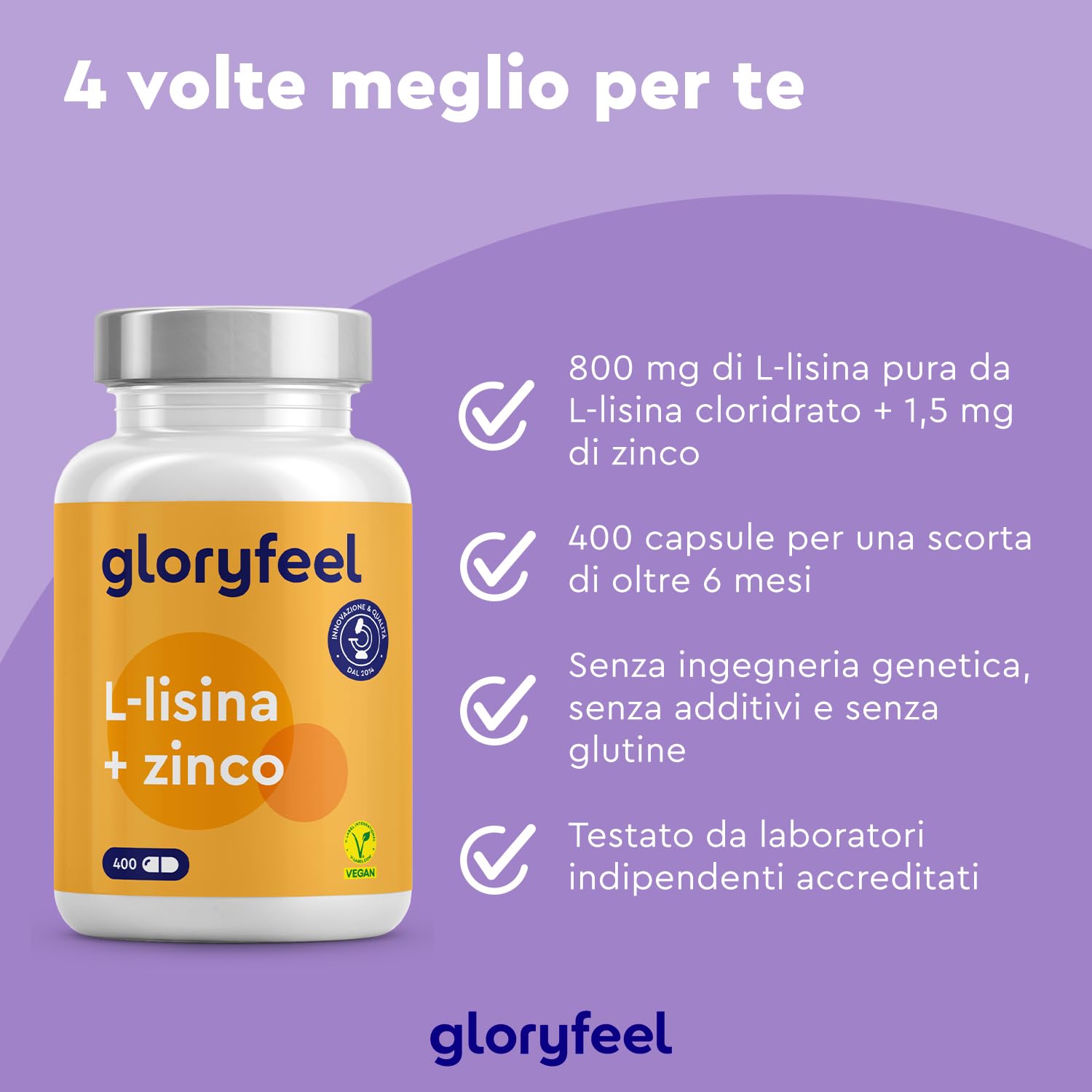 L-Lisina, 400 Capsule, 1.000 mg di L-lisina + Zinco 1,5 mg per Dose Giornaliera, da Fermentazione Vegetale, Vegana, ad Alto Dosaggio, Senza Additivi, Prodotta e Testata in Laboratorio in Germania
