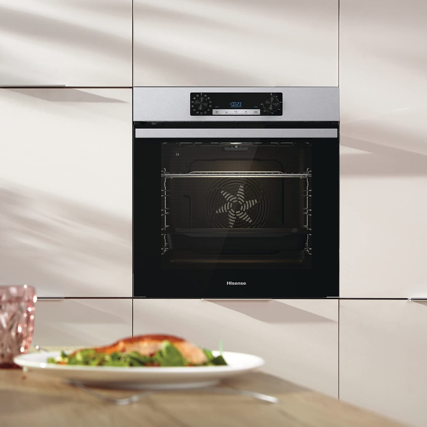 Hisense BI64211PX Horno Multifunción Pirolítico + Función Freidora de Aire sin Aceite, Gran Capacidad 77L,Cocción Simultanea 5 Niveles, ventilador XXL, Pizza mode 300º, Puertas removibles Inox