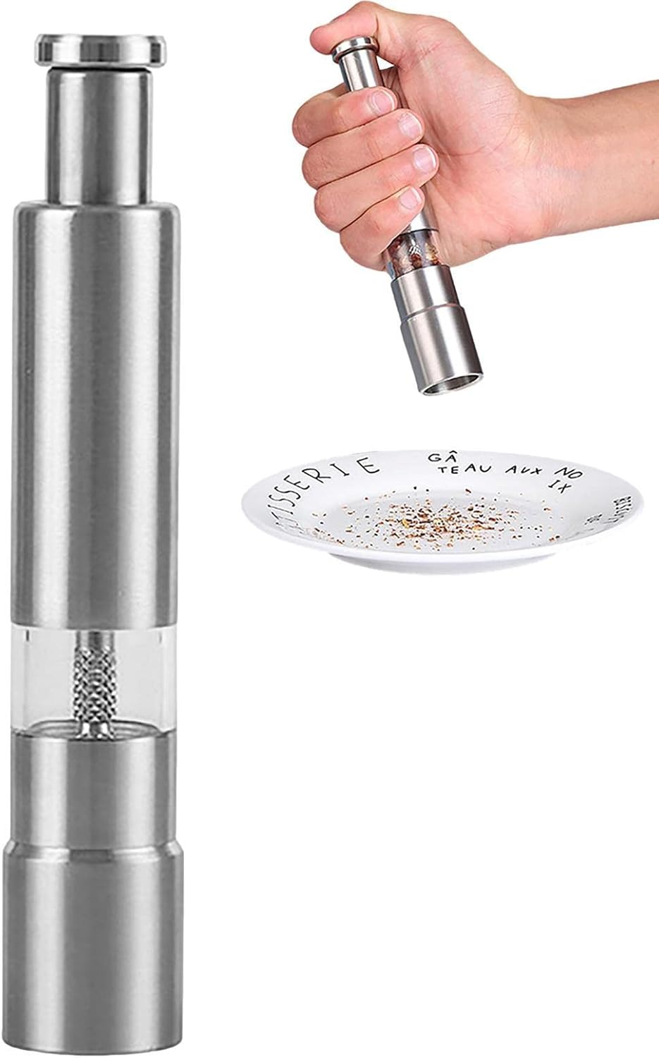 Amazon｜手動ソルトアンドペッパーグラインダー、片手ソルトアンドペッパーミル、プッシュボタントップ付きソルトペッパーグラインダー