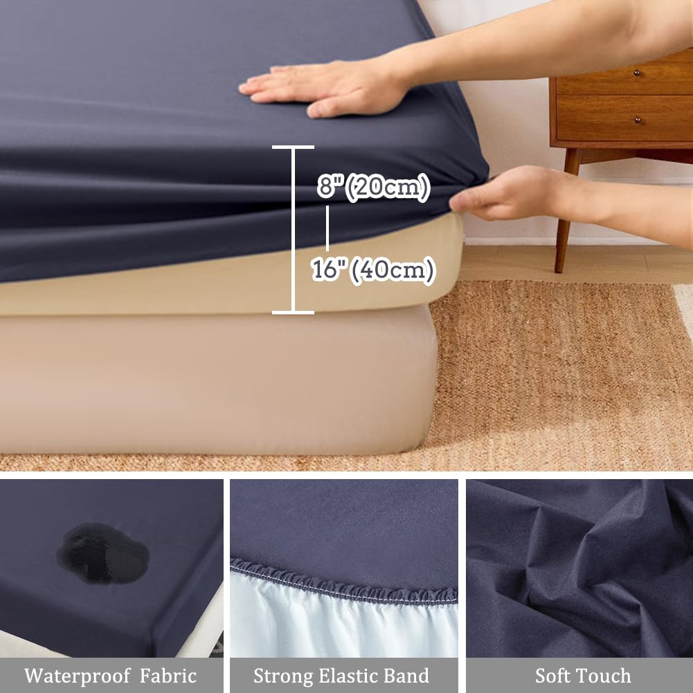 DUJUIKE Coprimaterasso Impermeabile, Lenzuolo Con Angoli Impermeabile, Tasca Profonda, Adatto Per Materassi Da 20-40 Cm, Adatto Per Gatti, Cani, Bambini, Ipoallergenico(Marina Oscura,150x200cm)