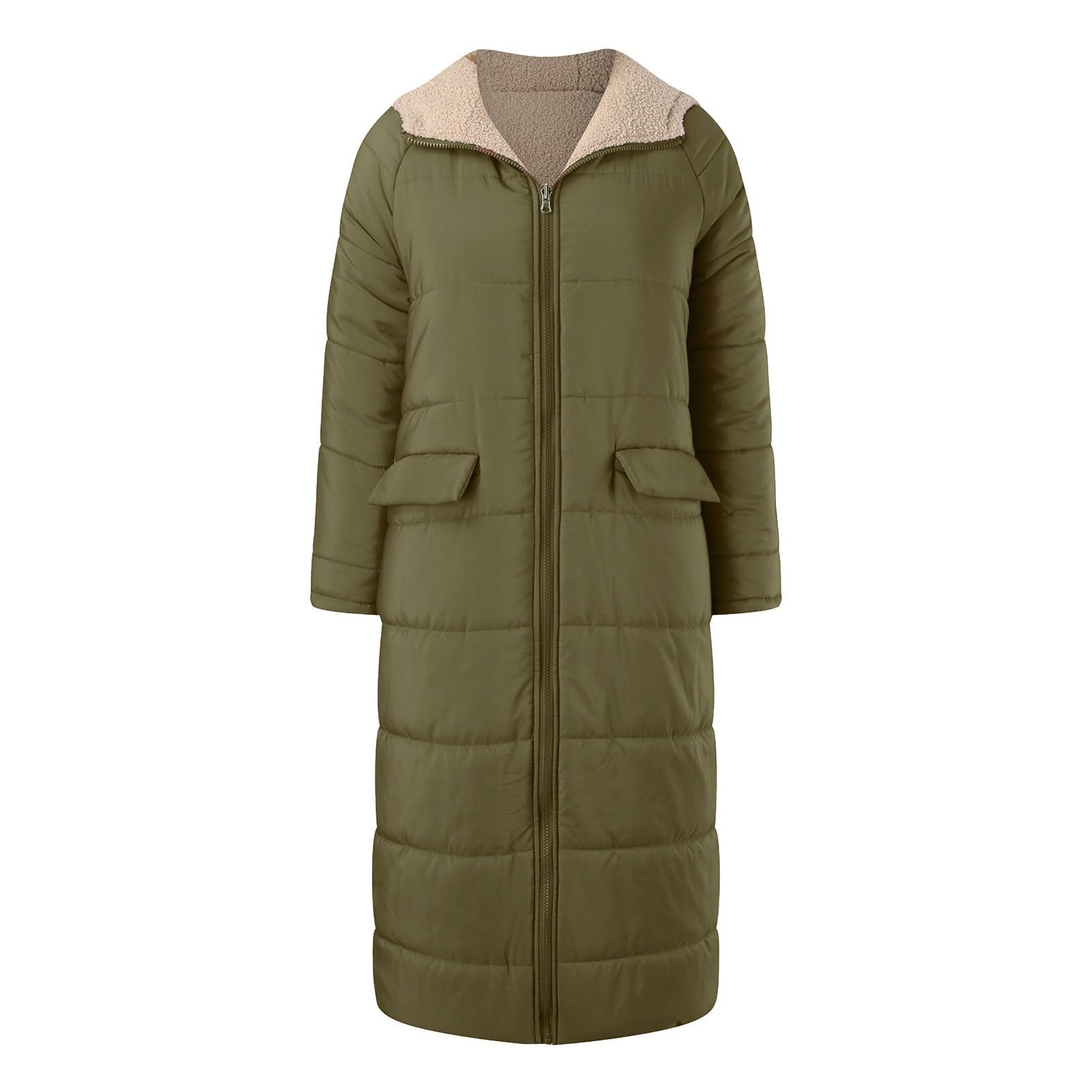 Generisch Cappotto invernale da donna, lungo, invernale, elegante, con imbottitura calda, con tasche, alla moda, con cerniera, piumino con cappuccio