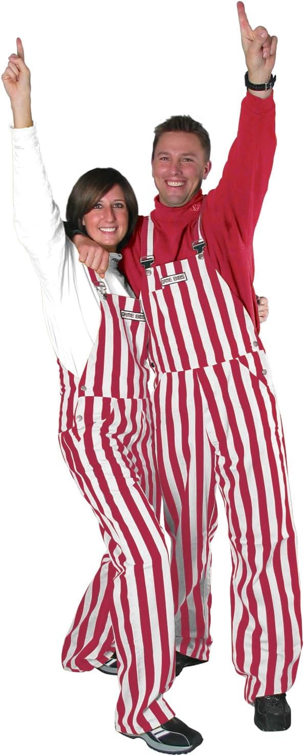 Game Bibs Crimson & White Adult Striped Game Day Overalls for Men and Women - Sporting Event and Tailgating Attire
