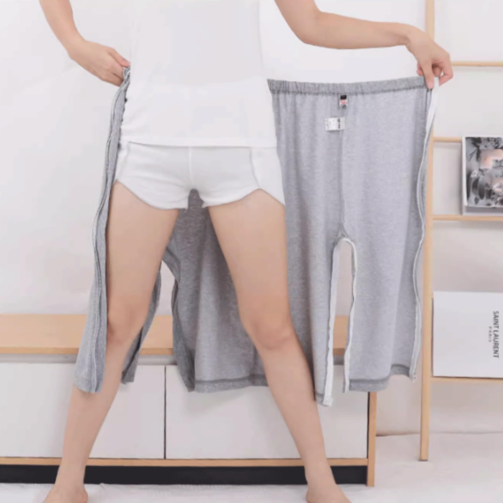 Pantalones de cuidado del paciente completamente abiertos, pantalones de chándal de recuperación postoperatoria con cremallera y algodón suave para personas mayores, exfoliantes suaves