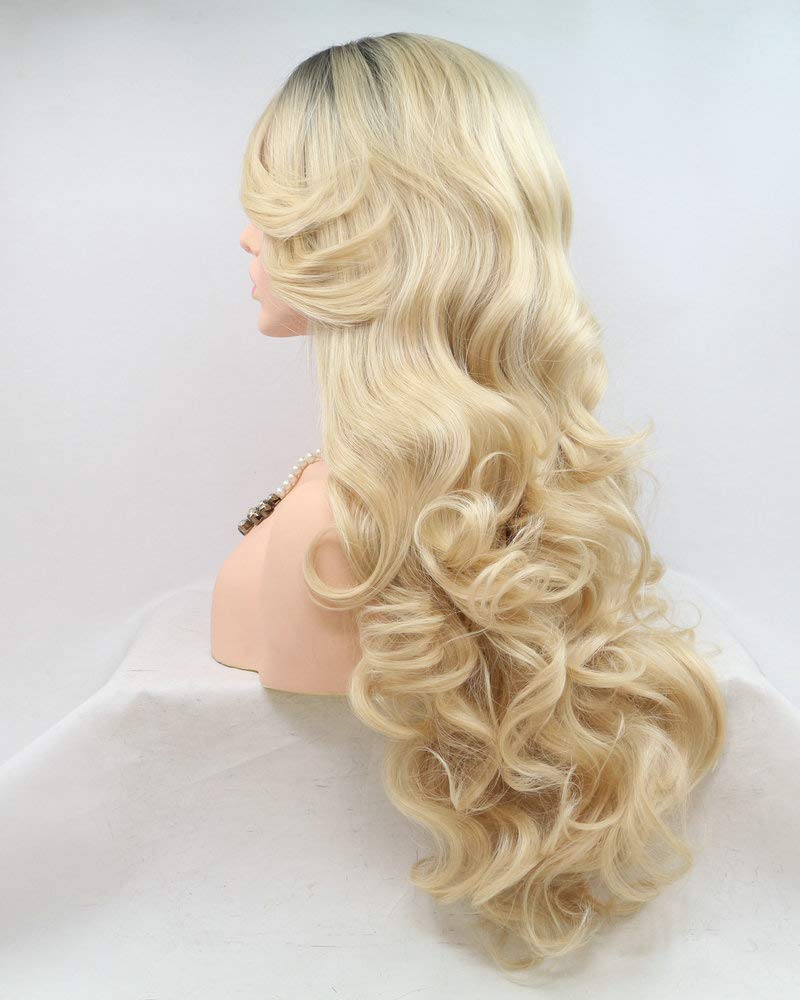 Drag Queen parrucca bionda ombre radici scure sintetiche parrucche anteriori del merletto per le donne ragazze vacanze Festival Cosplay parrucche da sposa capelli lunghi dell'onda