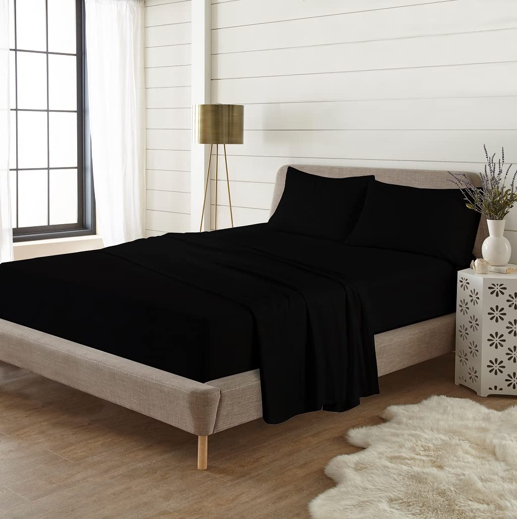 HOMES-LINEN Flannelette Flat Sheet 100% Brushed Cotton Plain Thermal Flat Sheet (Black, King)