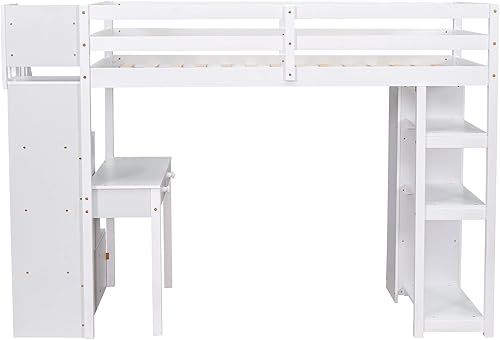 Miniatura 7 de Hlcodca Multipurpose Loft Bed with Under-Bed Desk and DrawersWooden Twin Size Loft Bed with Storage Shelves and Stairsfor Kids Boys Girls Teens