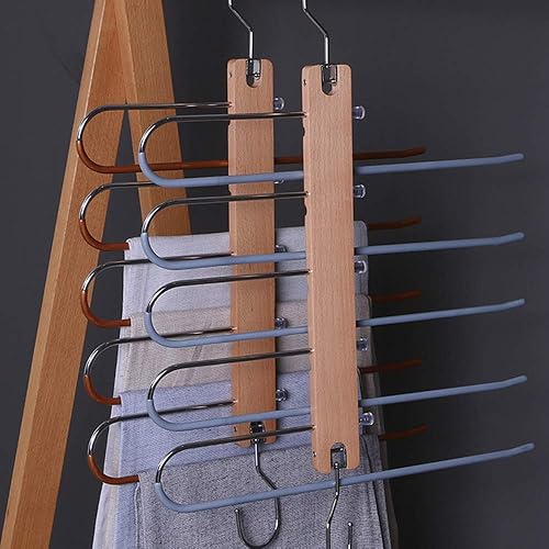 Miniatura 2 de Perchas plegables para pantalones que ahorran espacio, perchero de acero inoxidable y madera, antideslizante de 5 capas para jeans para organizador