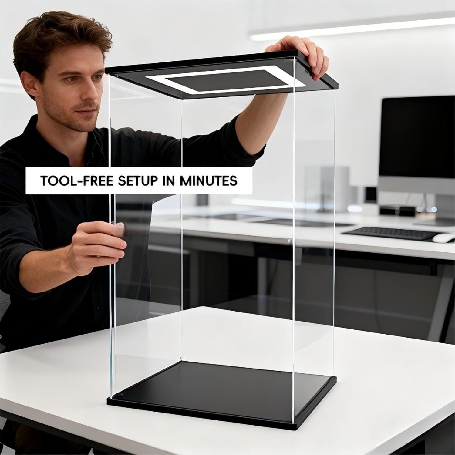 Clear Acrylic Display Case with RGB LED Light for labubu The Monsters ,Dustproof Clear 15.7Inch Tall Showcase for LEGO 75308 R2-D2, 400% Bearbrick & Collectibles - 9.8 x 7.9 x 15.7Inches