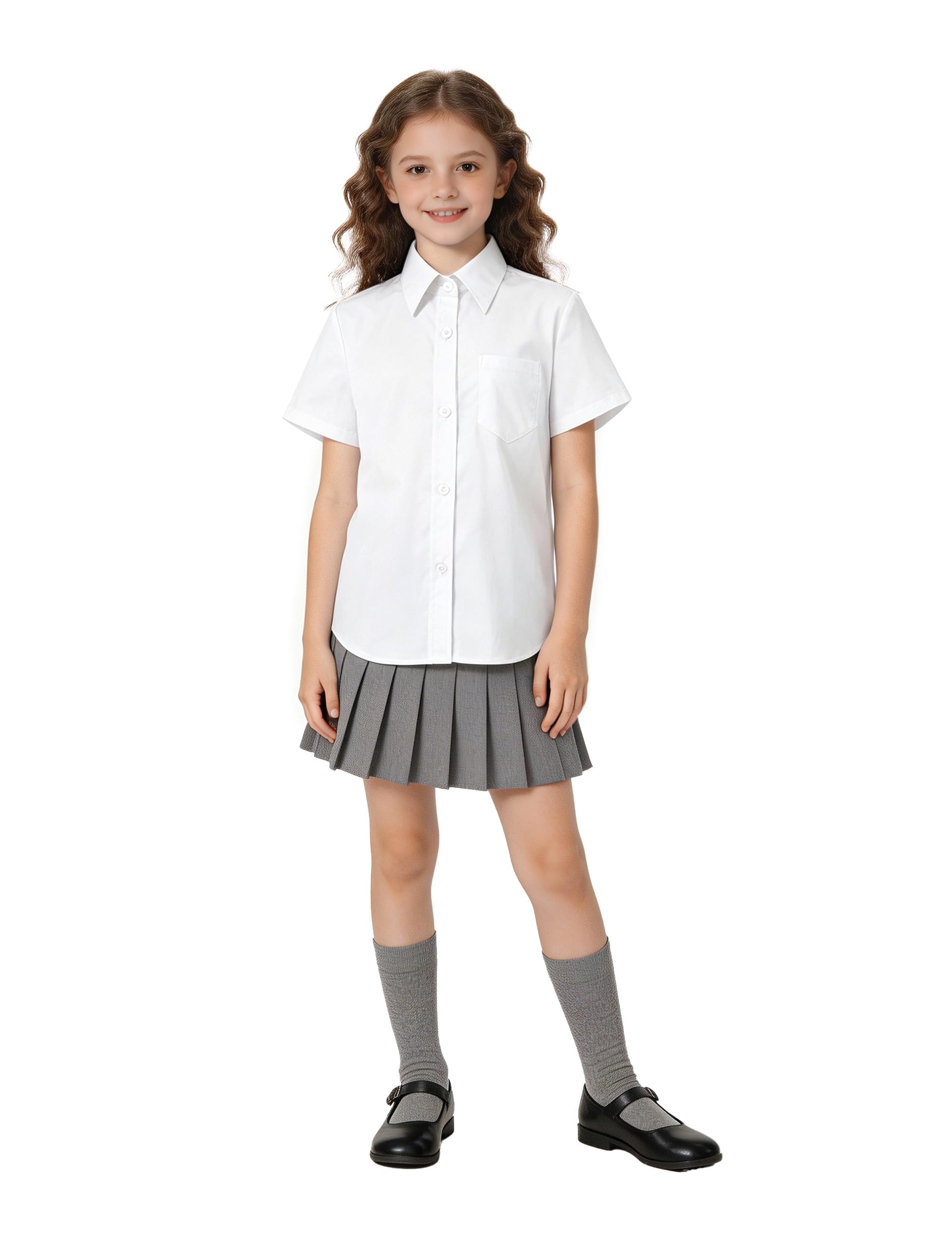 LOLANTA Camisa Escolar Lisa para niña, Blusa de Manga Corta con Bolsillo en el Pecho, fácil Cuidado, Resistente a Las Arrugas,7-13 años