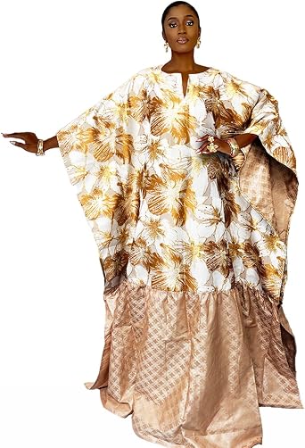 Gold Brocade African Women Traditional Weeding Dashiki with Bazin Riche Boubou Mix Size Robe Dress