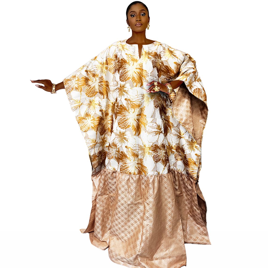 Madashiki Women's Gold Brocade African Traditional Weeding Dashiki With Bazin Riche Boubou Mix Size Robe Dress