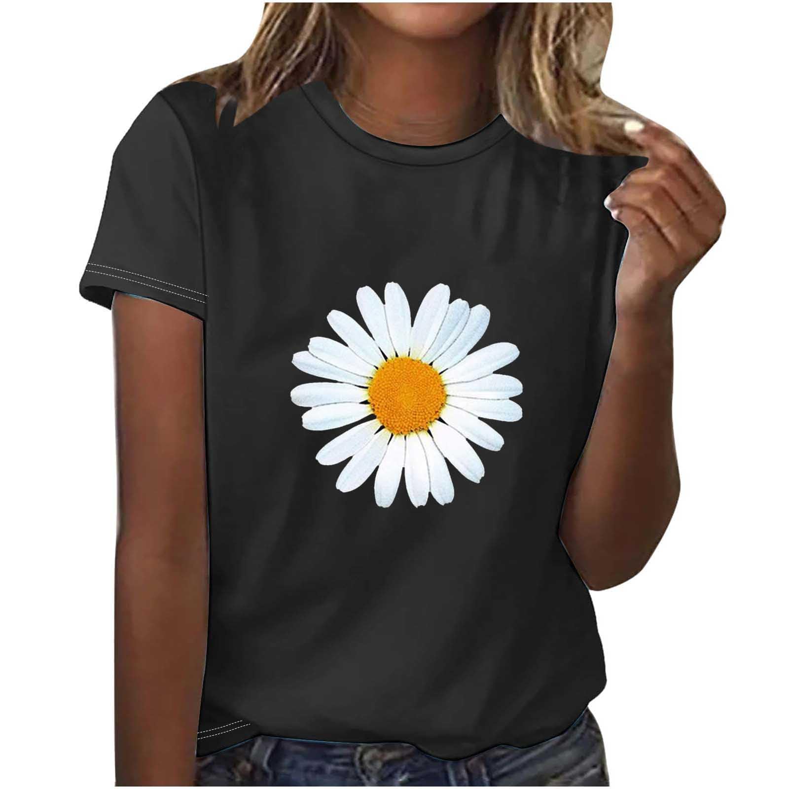 NUSGEAR Camiseta de Manga Corta Mujer 2024 Moda Casual impresión Margarita Suelto Cuello Redondo Tumblr Tops Fiesta T-Shirt Camisa Original Verano Basic tee Talla Grande