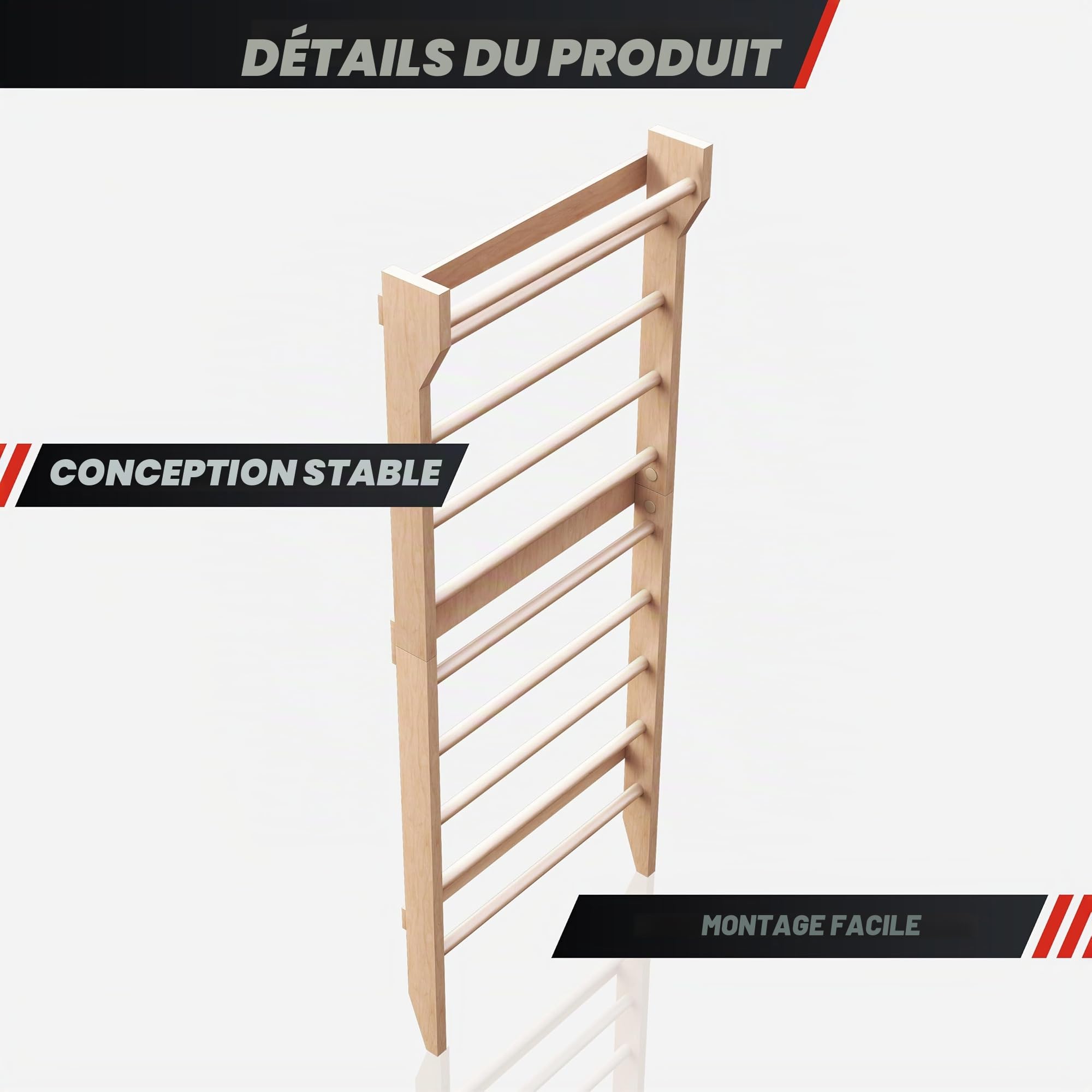 Physionics® Échelle Suédoise - pour Adultes et Enfants, Peu Encombrante, en Bois Durable, Charge Max 100 kg - Espalier Gym, Barres de Stalles, Fitness, Sport, Maison