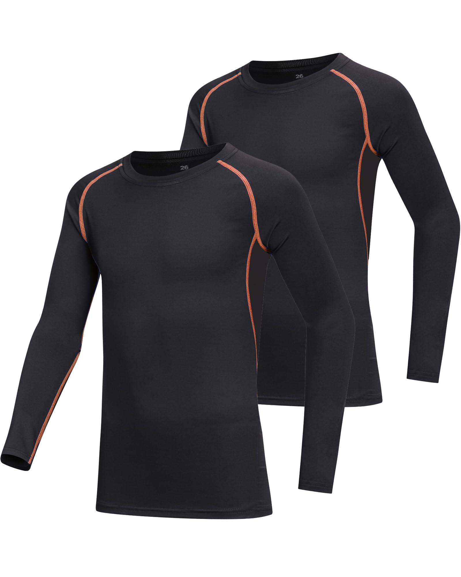 AYESZEQ 2 Pack Youth Boys & Girls Long Sleeve Compression Shirts Sports Base Layer for Kids Cold Gear Orange Line XL