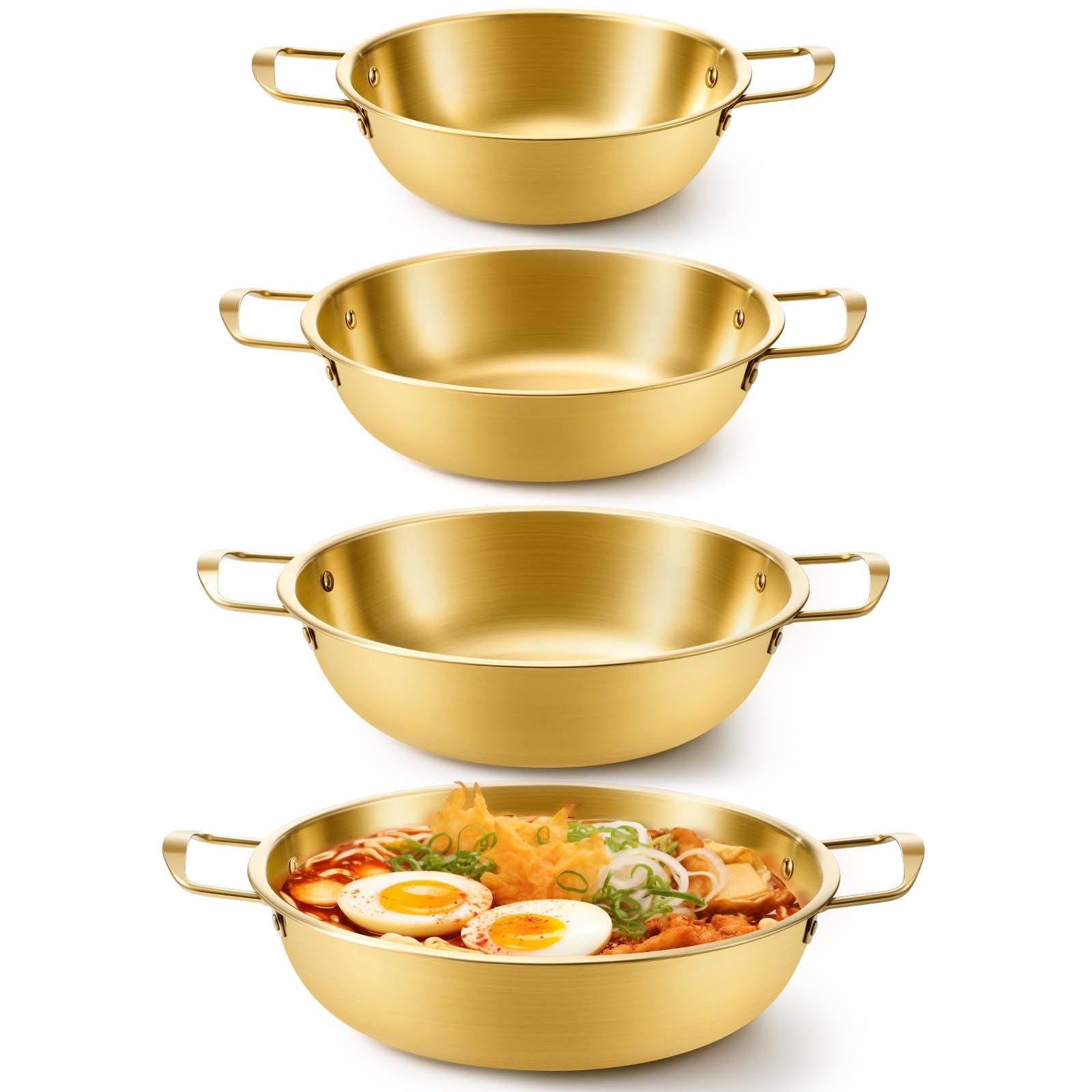 Photo 1 of **partial set 3*** Patelai 4 Pack Korean Ramen Noodle Pots, Golden Stainless Steel Korean Cooking Pots with Double Handle, Fast Heating Pot for Soup, Noodles, Pasta, Kitchen & Outdoor Use, Sizes 7.1", 8.7", 9.5", 10.2"