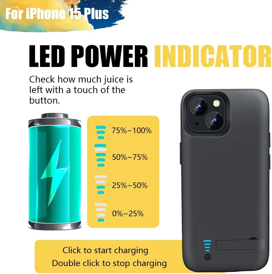Battery Case for iPhone 15 Plus, 6000mAh Rechargeable Extended Battery Charging/Charger Case, Add 100% Extra Juice (6.7 inch) Black