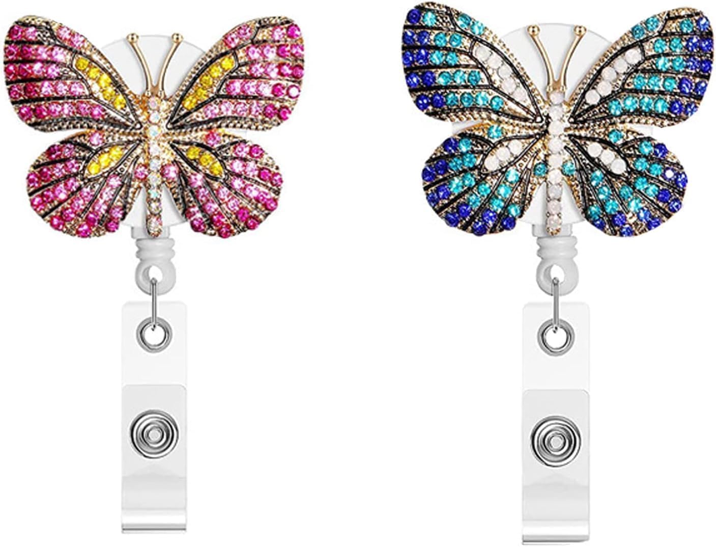2Pcs Retractable Badge Holder Reel with Bling Diamond,Nurse Badge Holder Reels with Swivel Alligator Clip for Teachers Students Employees Identification Badges,Crystal Blue and Pink Butterfly Design