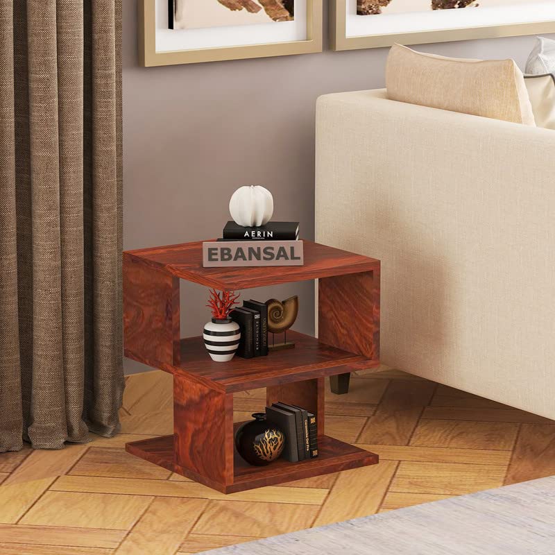 Image of Solid Wood Sheesham Sofa Side Table with 2 Open Shelf - Honey Finish