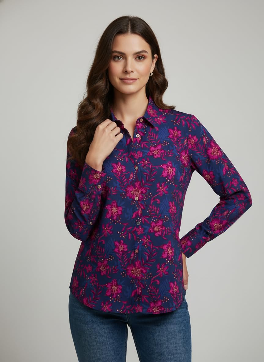 ANNI Designer Bedrucktes Damenhemd aus Baumwollmischgewebe, langärmelig, normale Passform, Hemdkragen, legere Bürokleidung, elegante Western-Kleidung für den Alltag, Hochzeit, Party