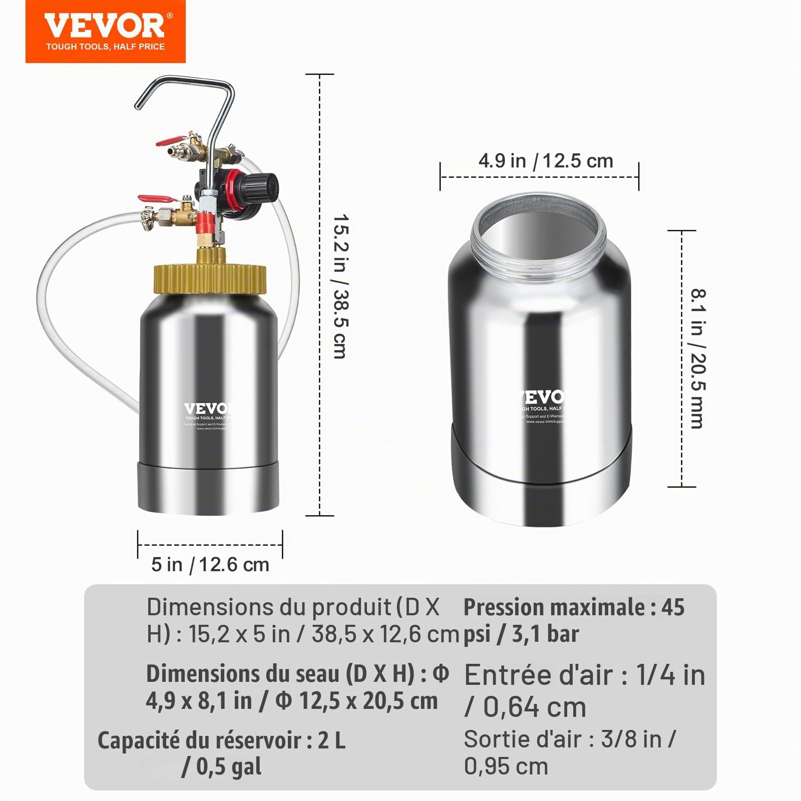 VEVOR Pistolet à Peinture avec Réservoir Portable 2 L Pot de Pression de Peinture Entrée d’Air 6,4 mm Sortie 9,5 mm Pulvérisateur de Peinture Buse 1,8 mm Pression Max 45 PSI pour Décoration Intérieure