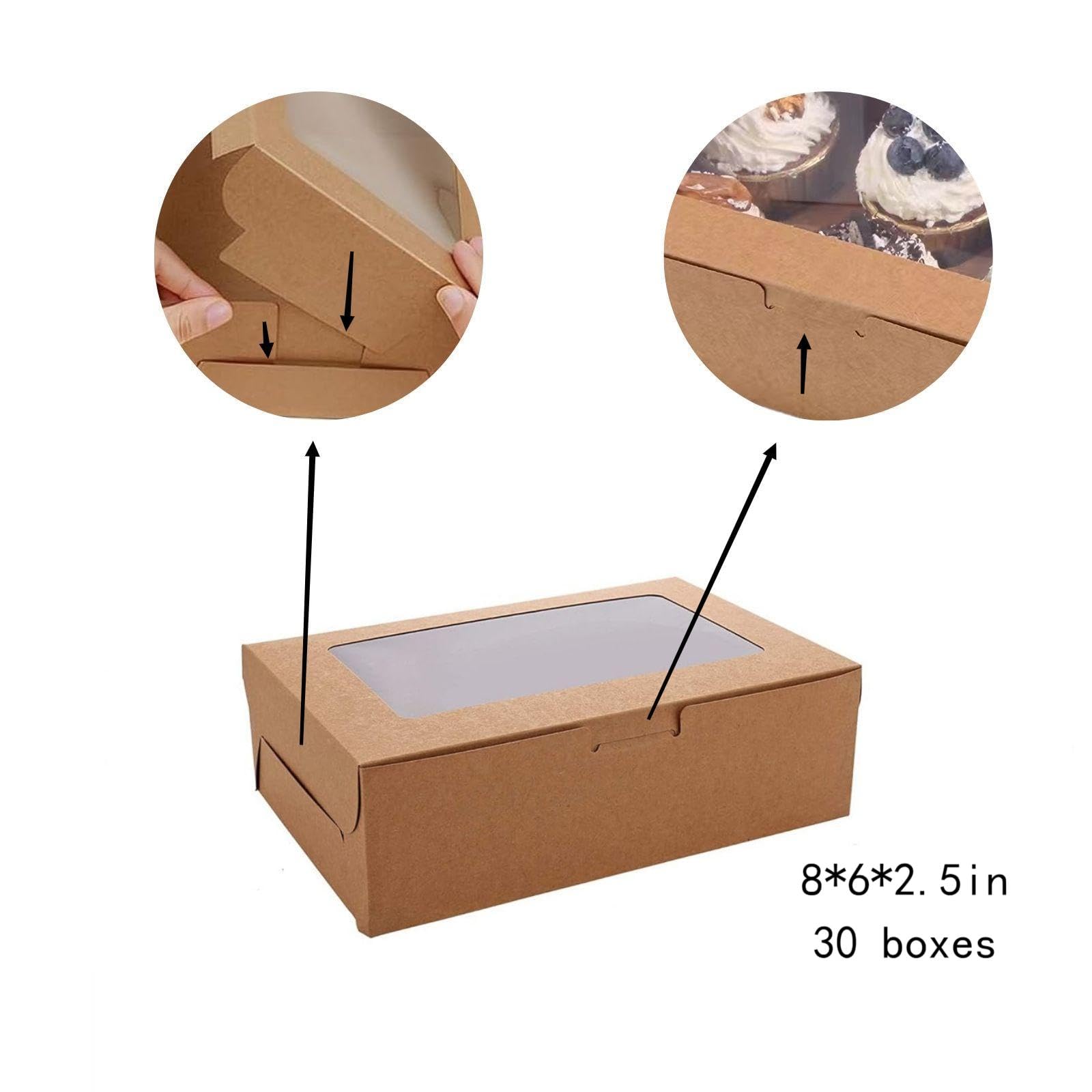 30 cajas de panadería marrones de 8 x 6 x 2.5 pulgadas con ventana, cajas de galletas para regalar, cajas de dulces para pasteles, donas, cupcakes, postres de boda y fiesta de cumpleaños.