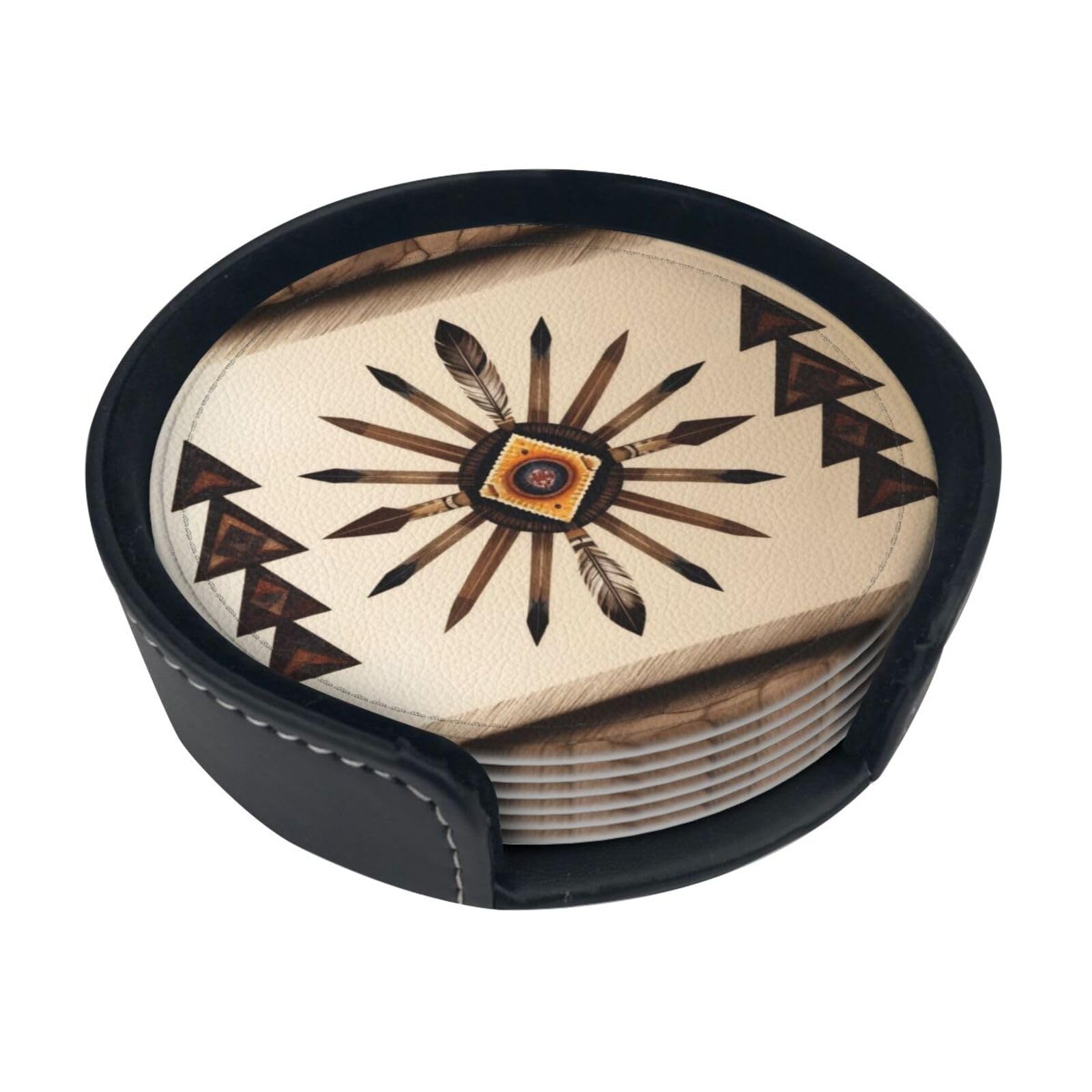 Cntdbu White Native American Patterns Leather Coasters Set Of 6-Pu Leather Drink Mats For Table, Heat Resistant Round Coasters With Holder
